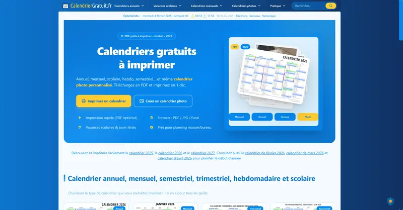 Calendrier Gratuit - Application web de création de calendriers personnalisables à imprimer en PDF
