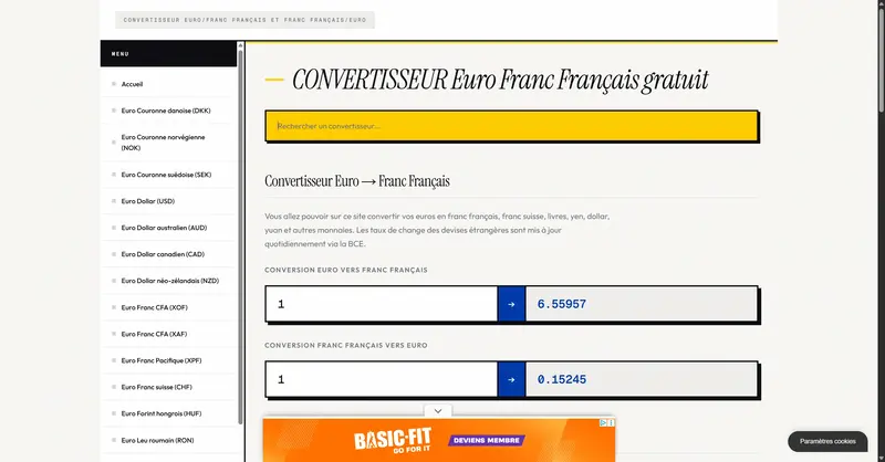Convertisseur Euro - Application de conversion de devises Euro vers Franc et autres monnaies